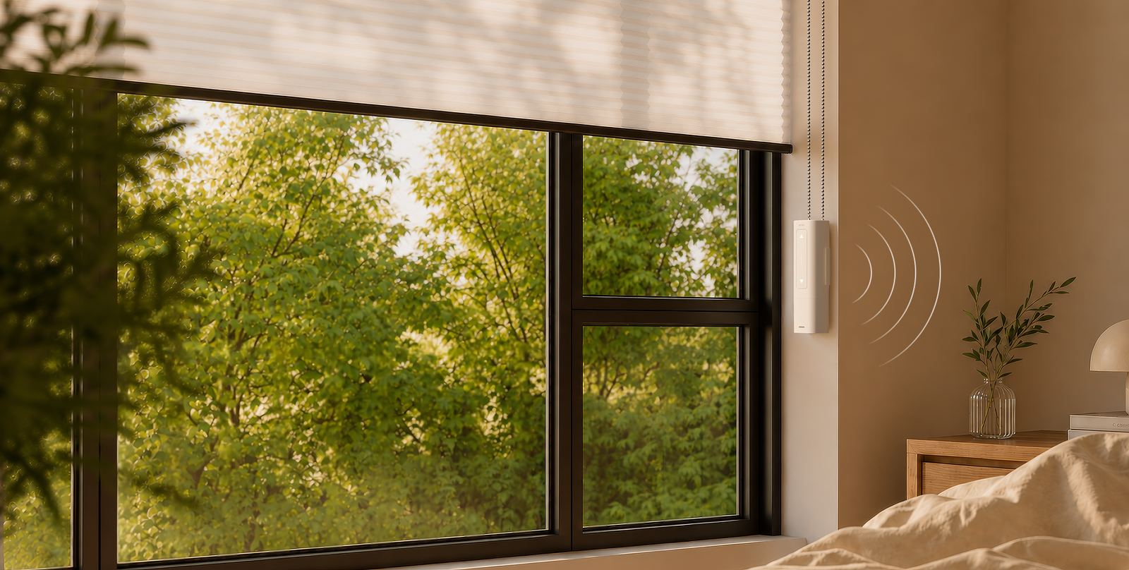 A RYSE SmartShade motor on the beaded chain of a shade beside a bedroom window